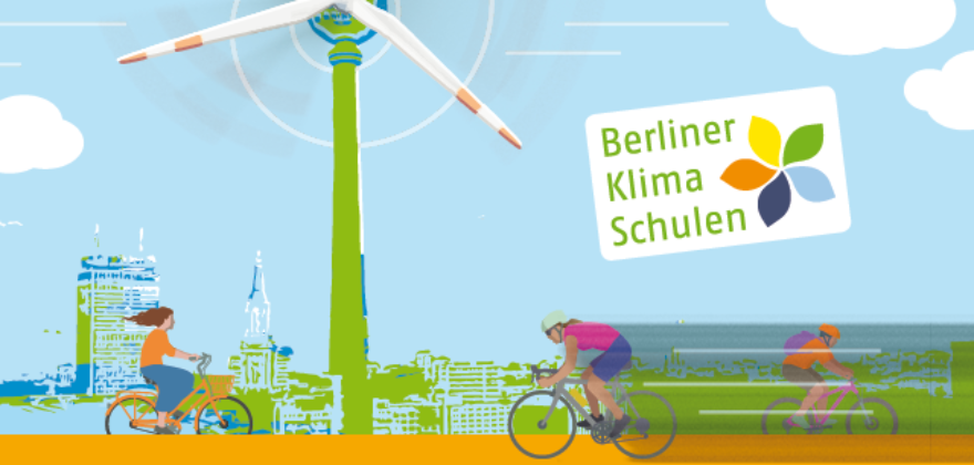 Der Berliner Fernsehturm als Windrad, darunter Menschen, die Fahrrad fahren